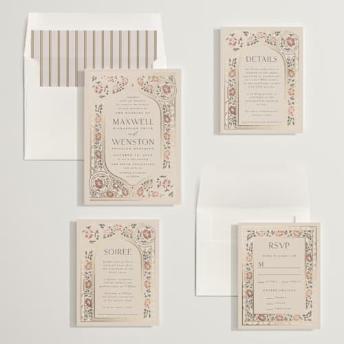 This is a champagne foil stamped wedding invitations with foil pressed by Ana de Sousa called timeless nature printing on signature in standard