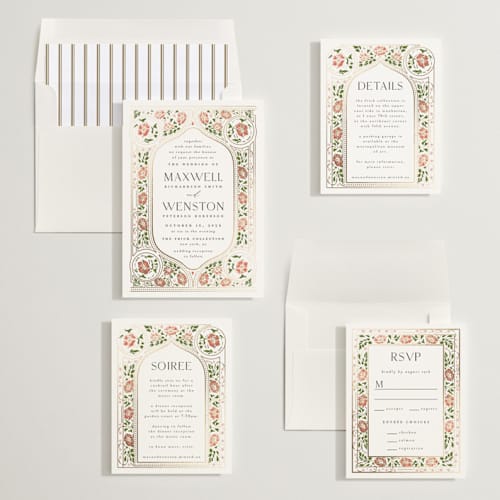 This is a diamond foil stamped wedding invitations with foil pressed by Ana de Sousa called timeless nature printing on signature in standard