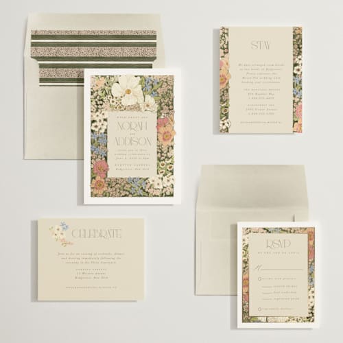 This is a sherbert foil stamped wedding invitations with foil pressed by Leah Bisch called in the garden printing on signature in standard