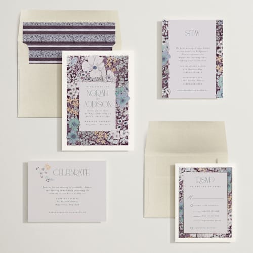 This is a peacock foil stamped wedding invitations with foil pressed by Leah Bisch called in the garden printing on signature in standard