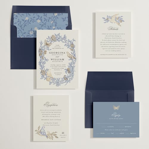 This is a cornflower foil stamped wedding invitations with foil pressed by Grae called meet me in the garden printing on signature in standard