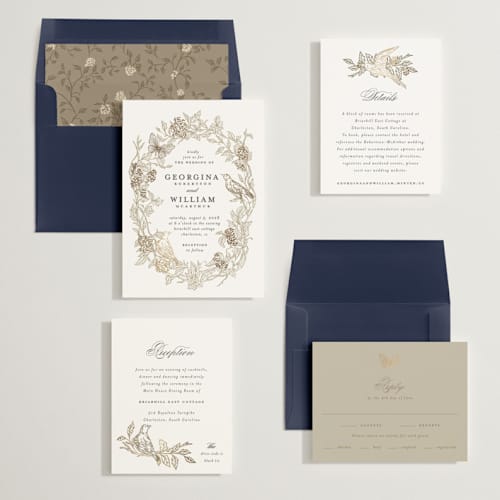 This is a lace foil stamped wedding invitations with foil pressed by Grae called meet me in the garden printing on signature in standard