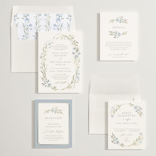 This is a blue bonnet foil stamped wedding invitations with foil pressed by Erin L. Wilson called meadow printing on signature in standard