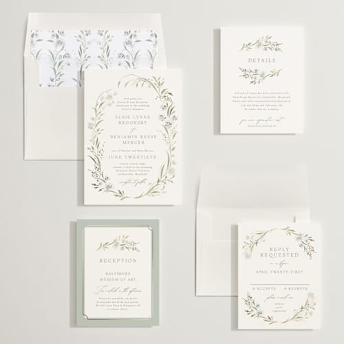 This is a snowdrop foil stamped wedding invitations with foil pressed by Erin L. Wilson called meadow printing on signature in standard