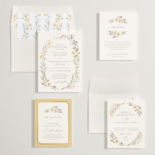 This is a summer shine foil stamped wedding invitations with foil pressed by Erin L. Wilson called meadow printing on signature in standard