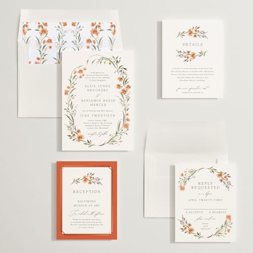 This is a verona sunset foil stamped wedding invitations with foil pressed by Erin L. Wilson called meadow printing on signature in standard