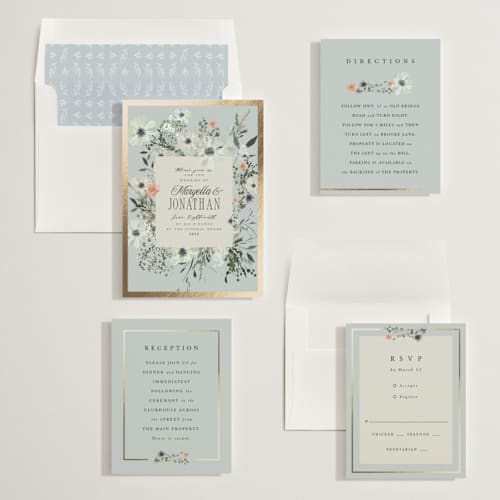 This is a mist foil stamped wedding invitations with foil pressed by Hannah Williams called blue garden printing on signature in standard