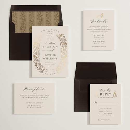 This is a champagne foil stamped wedding invitations with foil pressed by Leah Bisch called floral border printing on signature in standard