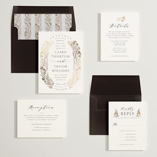 This is a pearl foil stamped wedding invitations with foil pressed by Leah Bisch called floral border printing on signature in standard
