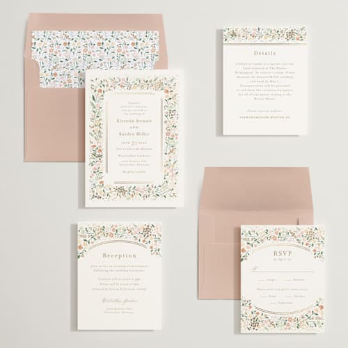 This is a lily foil stamped wedding invitations with foil pressed by Jennifer Wick called esther's garden printing on signature in standard