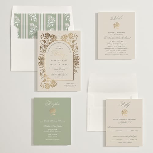 This is a tea time foil stamped wedding invitations with foil pressed by Susan Zinader called shimmering hydrangeas printing on signature in standard