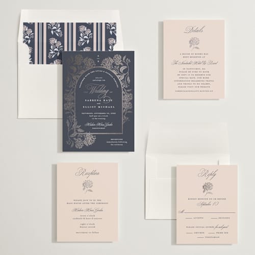 This is a under the stars foil stamped wedding invitations with foil pressed by Susan Zinader called shimmering hydrangeas printing on signature in standard