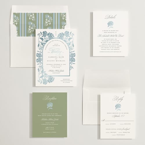 This is a dove foil stamped wedding invitations with foil pressed by Susan Zinader called shimmering hydrangeas printing on signature in standard