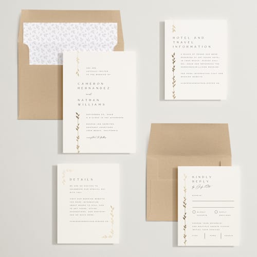 This is a lily foil stamped wedding invitations with foil pressed by Owl and Toad called courtyard printing on signature in standard