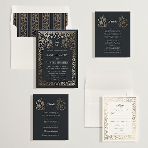 This is a onyx foil stamped wedding invitations with foil pressed by Ana de Sousa called regency grace printing on signature in standard