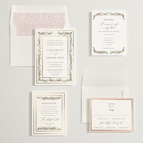 This is a blush foil stamped wedding invitations with foil pressed by Susan Moyal called blooming vine printing on signature in standard