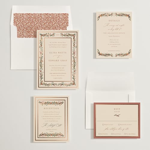 This is a autumn foil stamped wedding invitations with foil pressed by Susan Moyal called blooming vine printing on signature in standard