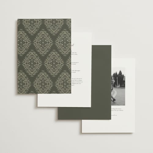 This is a sage foil stamped wedding invitations with foil pressed by Gwen Bedat called floral romance printing on signature in standard