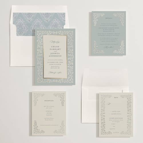 This is a something blue foil stamped wedding invitations with foil pressed by Gwen Bedat called floral romance printing on signature in standard