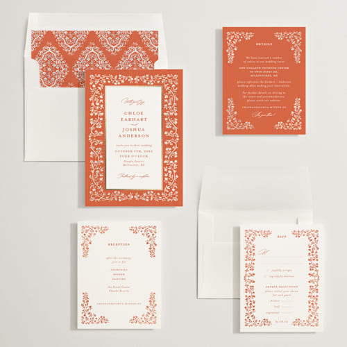 This is a verona sunset foil stamped wedding invitations with foil pressed by Gwen Bedat called floral romance printing on signature in standard