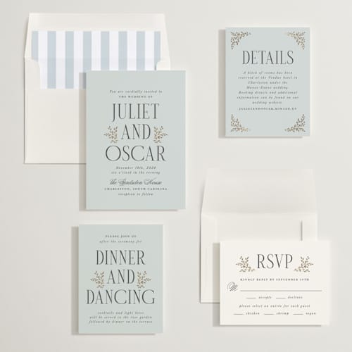 This is a mist foil stamped wedding invitations with foil pressed by Laura Hankins called enchanted printing on signature in standard