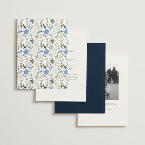 This is a marine foil stamped wedding invitations with foil pressed by Susan Moyal called garden whisper printing on signature in standard