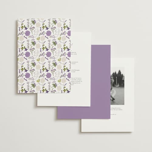 This is a lilac foil stamped wedding invitations with foil pressed by Susan Moyal called garden whisper printing on signature in standard