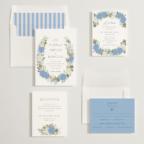 This is a coastal foil stamped wedding invitations with foil pressed by Susan Moyal called garden whisper printing on signature in standard