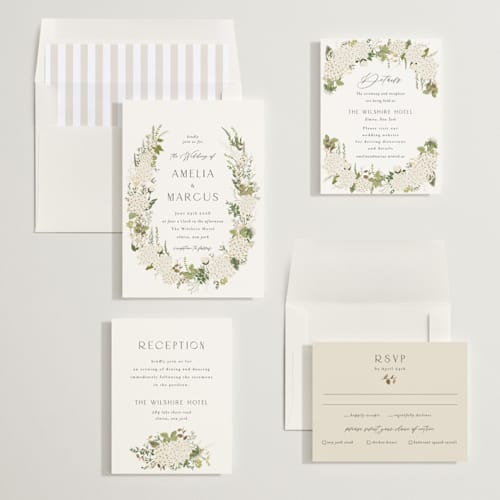 This is a porcelain foil stamped wedding invitations with foil pressed by Susan Moyal called garden whisper printing on signature in standard