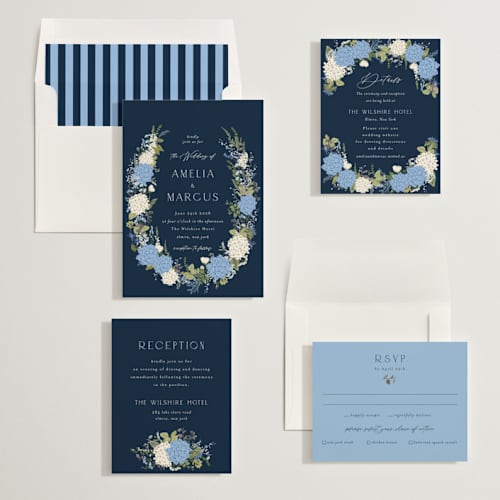 This is a marine foil stamped wedding invitations with foil pressed by Susan Moyal called garden whisper printing on signature in standard