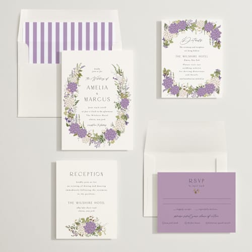 This is a lilac foil stamped wedding invitations with foil pressed by Susan Moyal called garden whisper printing on signature in standard