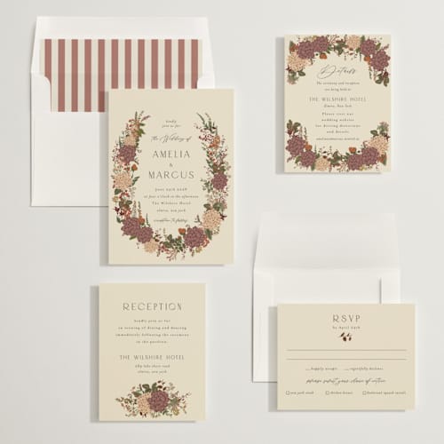 This is a copper foil stamped wedding invitations with foil pressed by Susan Moyal called garden whisper printing on signature in standard