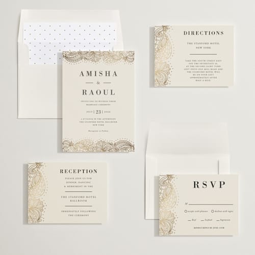 This is a champagne foil stamped wedding invitations with foil pressed by Oma N. Ramkhelawan called elegant henna printing on signature in standard