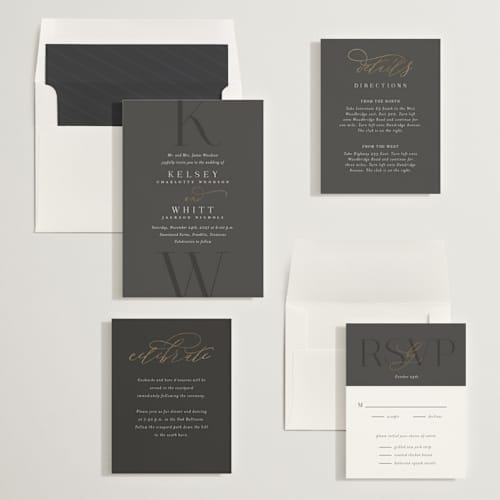 This is a stormy foil stamped wedding invitations with foil pressed by Jessica Williams called over monogram printing on signature in standard