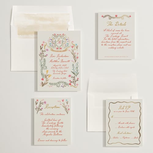 This is a sunset foil stamped wedding invitations with foil pressed by Maja Cunningham called chantilly printing on signature in standard