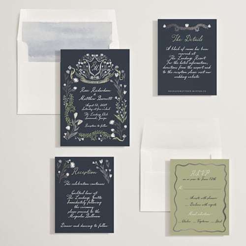 This is a midnight foil stamped wedding invitations with foil pressed by Maja Cunningham called chantilly printing on signature in standard