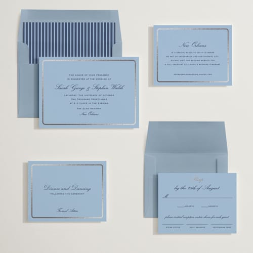 This is a sky foil stamped wedding invitations with foil pressed by Megan Davis called aperitif printing on signature in standard