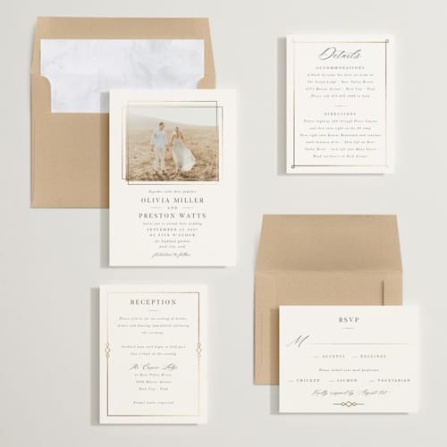 This is a opal foil stamped wedding invitations with foil pressed by Robert and Stella called regent printing on signature in standard