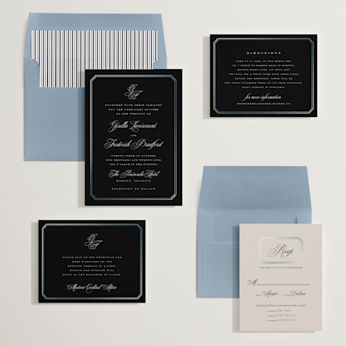 This is a licorice foil stamped wedding invitations with foil pressed by chocomocacino called othellolagkage printing on signature in standard