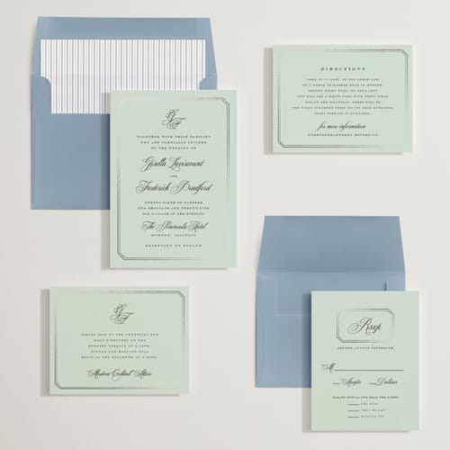This is a seafoam foil stamped wedding invitations with foil pressed by chocomocacino called othellolagkage printing on signature in standard