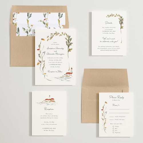 This is a garden green foil stamped wedding invitations with foil pressed by Lucrecia Caporale called coastal bloom printing on signature in standard