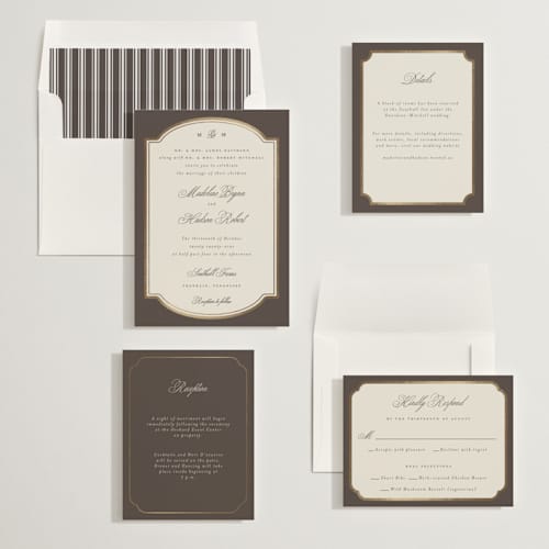 This is a cognac foil stamped wedding invitations with foil pressed by Emily Betts called arch frame printing on signature in standard