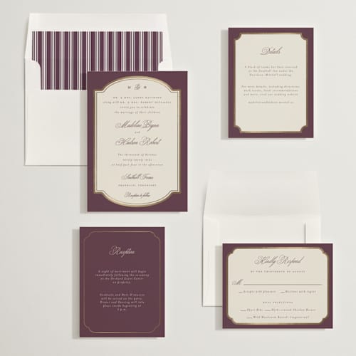 This is a sangria foil stamped wedding invitations with foil pressed by Emily Betts called arch frame printing on signature in standard
