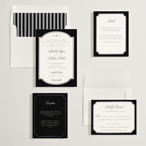 This is a tuxedo foil stamped wedding invitations with foil pressed by Emily Betts called arch frame printing on signature in standard