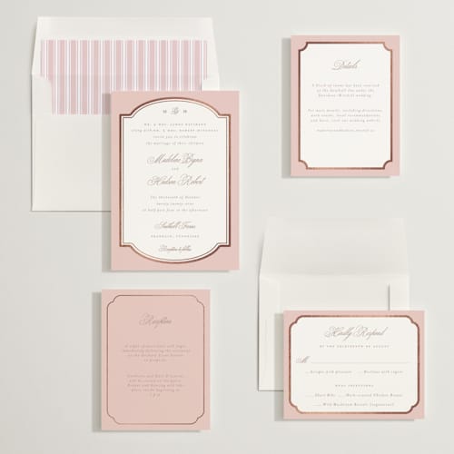 This is a quartz pink foil stamped wedding invitations with foil pressed by Emily Betts called arch frame printing on signature in standard