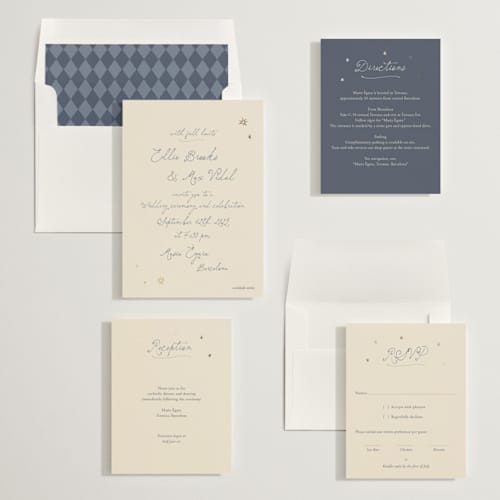 This is a chambray foil stamped wedding invitations with foil pressed by Ani Somi called written in the stars printing on signature in standard
