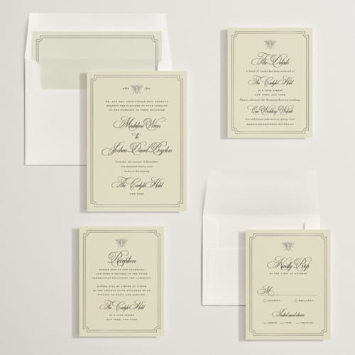 This is a cream foil stamped wedding invitations with foil pressed by Jennifer Lew called honeybee printing on signature in standard