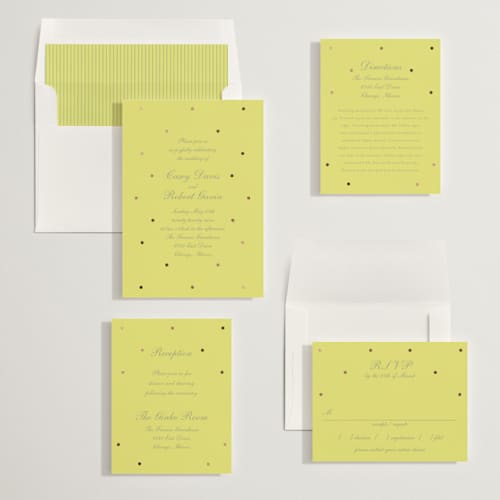 This is a sunshine foil stamped wedding invitations with foil pressed by Baumbirdy called pearls printing on signature in standard