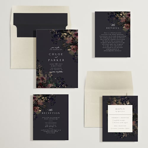 This is a midnight foil stamped wedding invitations with foil pressed by Grace Kreinbrink called vintage rose garden printing on signature in standard