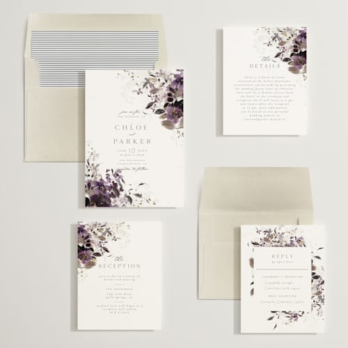 This is a plum foil stamped wedding invitations with foil pressed by Grace Kreinbrink called vintage rose garden printing on signature in standard